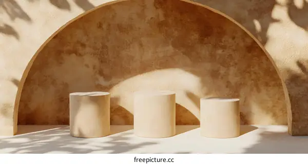 Minimalist Beige Cylindrical Platforms  Against a Tan Archway with Shadow