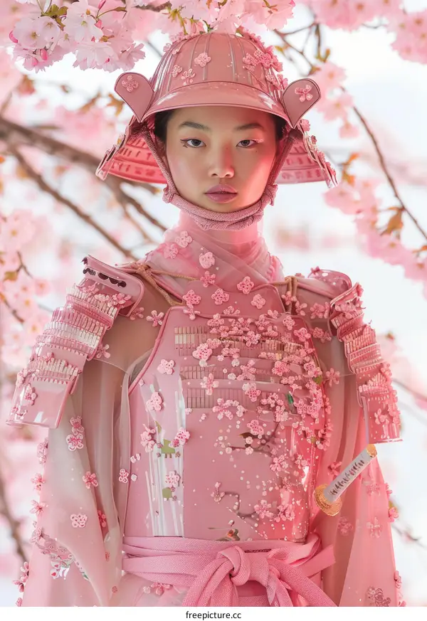 A woman wearing a pink samurai armor stands in a field of cherry blossoms.