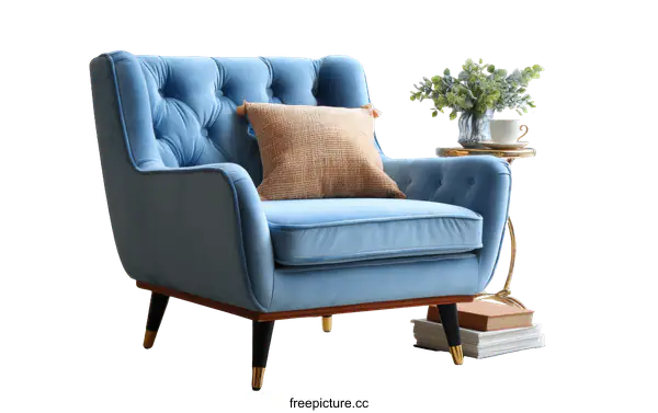 [Transparent Background PNG]Stylish Light Blue Velvet Armchair with Decorative Accessories
