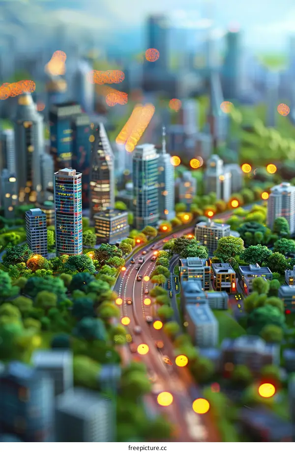 Miniature Cityscape at Night with Trees and Roads