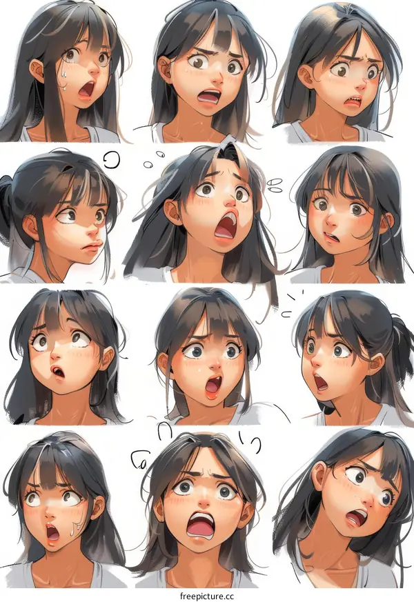 A collection of hand-drawn cartoon girl facial expression sketches