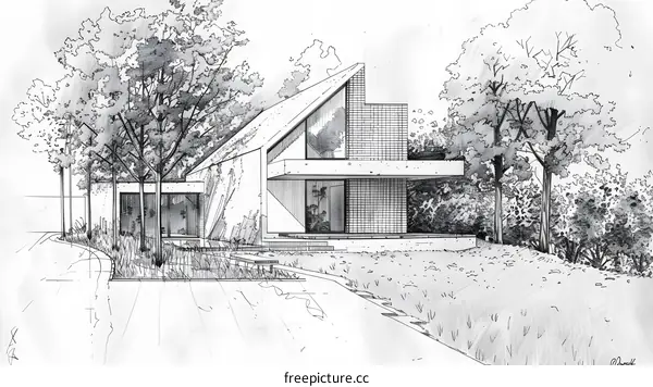 Pencil Drawing of a Modern House with Trees