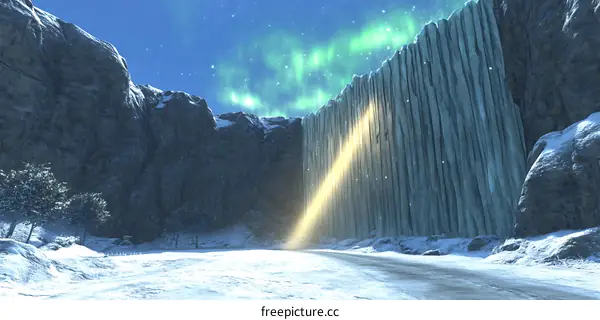 Fantasy Landscape with a Giant Ice Wall and Aurora Borealis