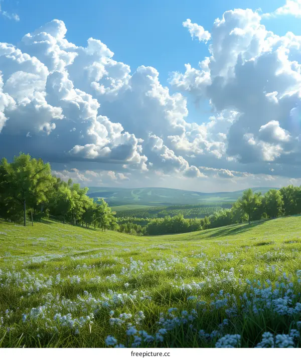 Green Hillside Meadow with Blue Sky and White Clouds