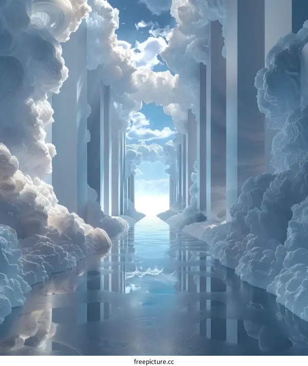 Surreal Marble Corridor with Blue Sky