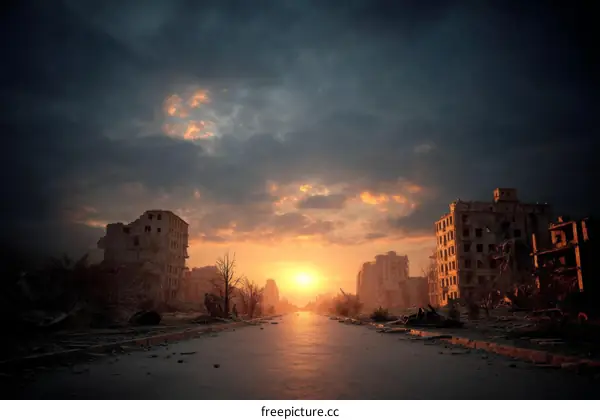 Desolate City Sunset After War
