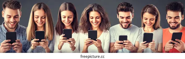 Smiling People Focused on Smartphones