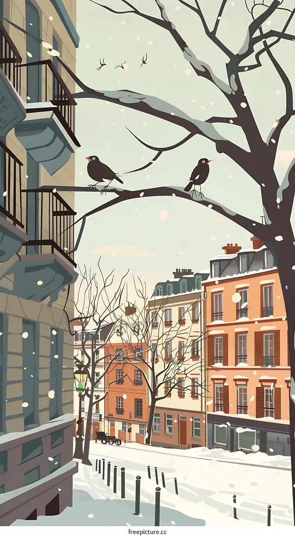 Snowy Parisian Street with Birds on Branch