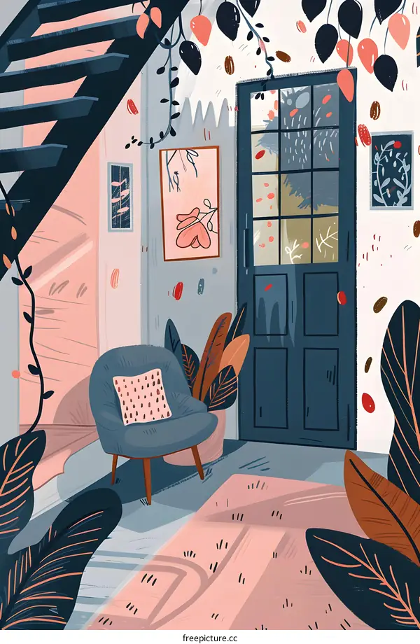 Modern Illustration of a Cozy Living Room Interior with a Chair and Rug