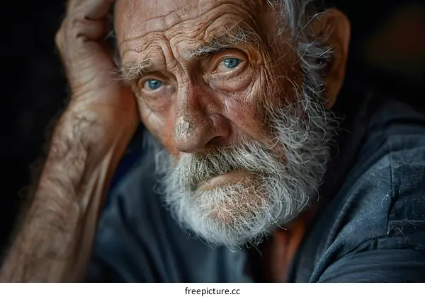 Portrait of an old man with a long white beard and blue eyes