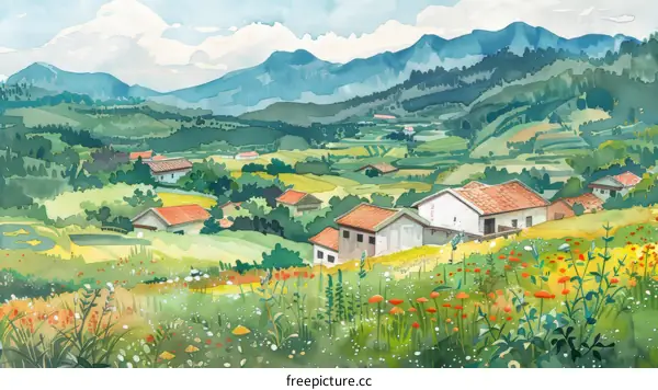 Watercolor Painting of a Green Mountain Valley With Red Flowers