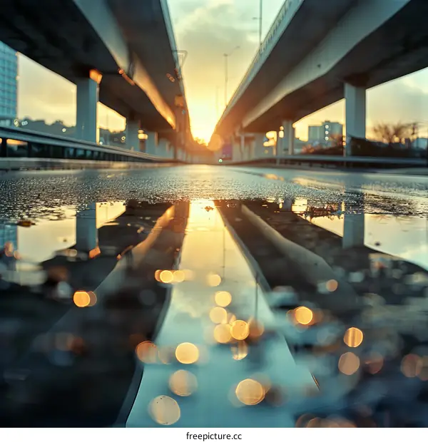 Sun Reflection in City Puddle