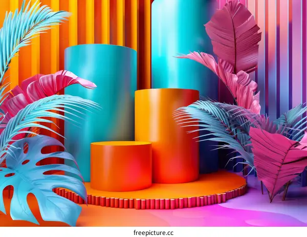 3D Illustration of Geometric Shapes and Tropical Plants
