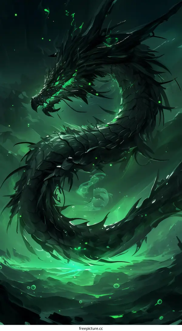 A green dragon with glowing green eyes and a long serpentine body