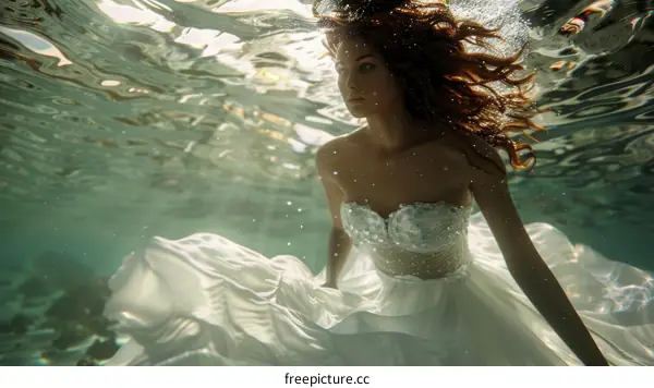 A graceful woman in an ethereal white gown swims underwater.