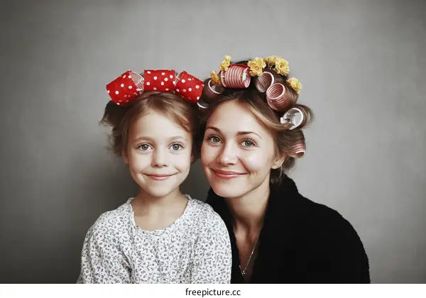 Mother and Daughter with Retro Hair Curls