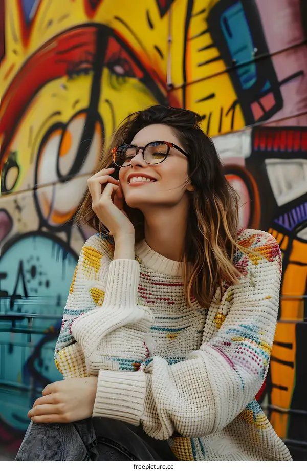 Woman Wearing Glasses Smiling In Front of Graffiti Wall
