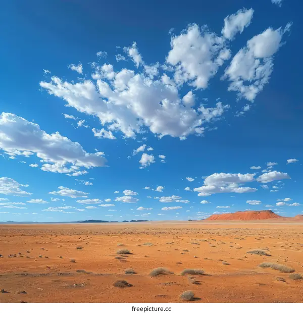 A vast expanse of desert landscape with a clear blue sky and scattered clouds