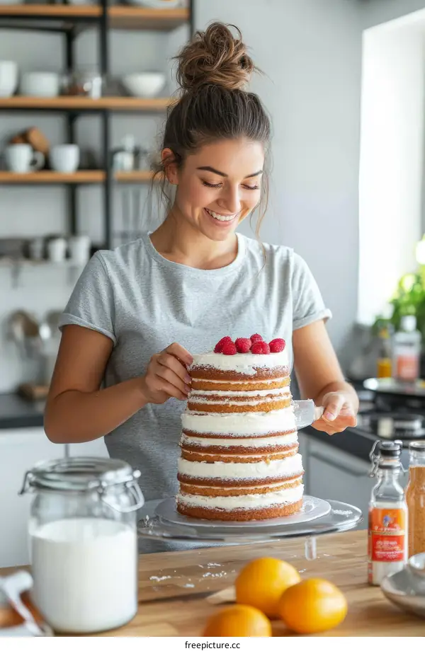 Woman Decorating a Multi-Layered Cake in a Kitchen