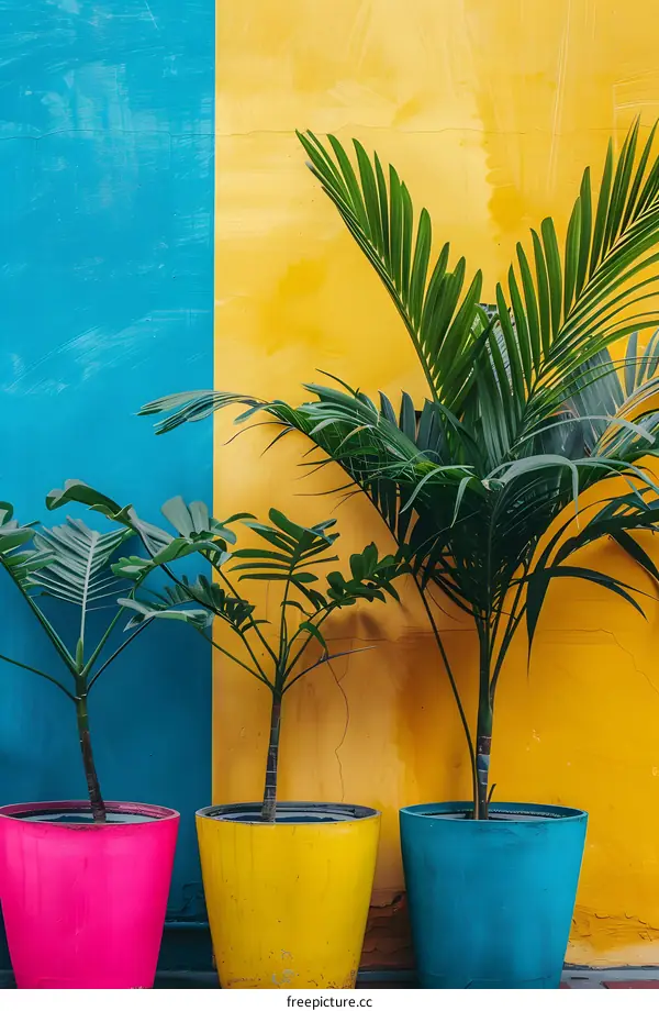 Tropical Plants Against Colorful Wall