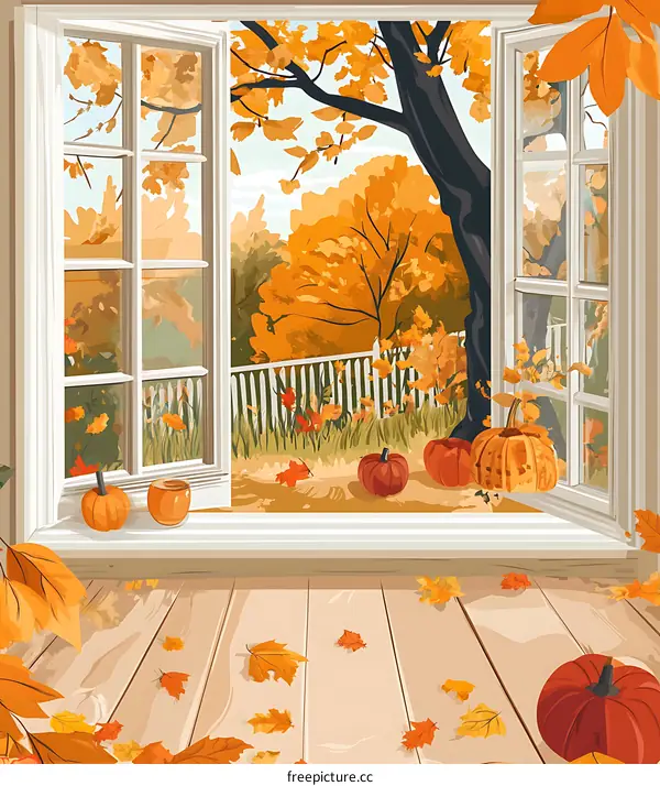 Autumn View from Window with Pumpkins and Fallen Leaves