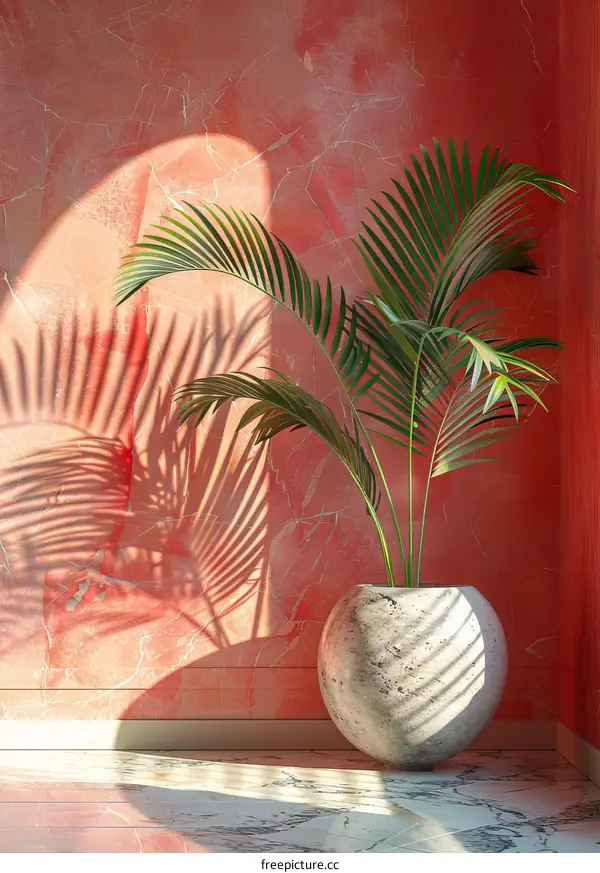 Green Plant in a White Pot Against a Red Wall