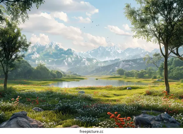 Mountains, Lake and Flowers