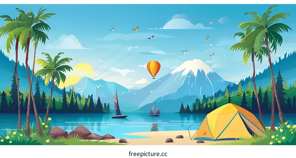 Scenic Mountain Lake Landscape with Tent and Palm Trees