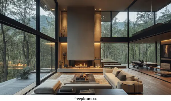 Modern Living Room with Panoramic Forest Views
