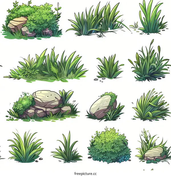 Cartoon Illustration of Green Grass and Rocks