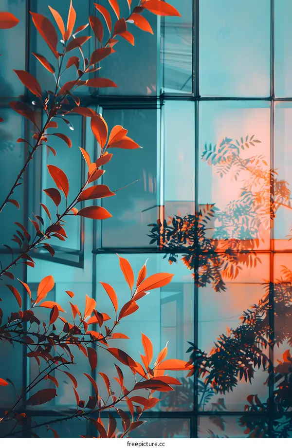 Red Leaves Reflecting in Modern Building Windows
