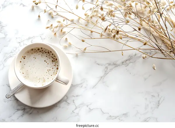 White Marble Tabletop with Coffee and Dried Flowers