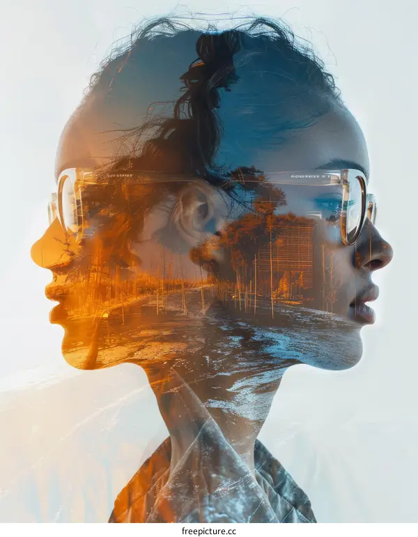 A photo of a woman's face with a forest superimposed on it