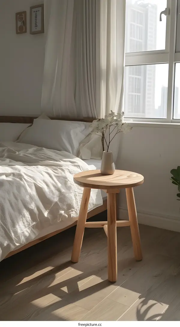 Minimalist Bedroom Interior Design with Wooden Stool and White Curtains