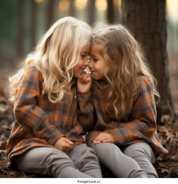 Two little girls sitting in the woods