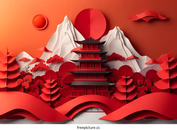 Red paper cut illustration of a pagoda in a mountain landscape