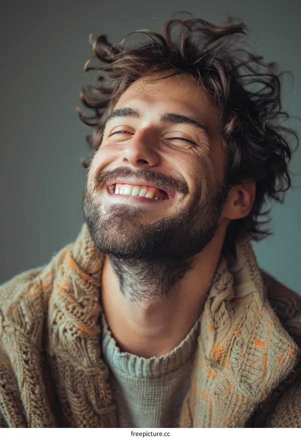 Man With Long Hair Smiling With Closed Eyes