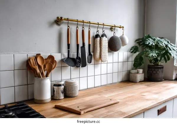 Kitchen Utensils and Accessories on a Wooden Countertop