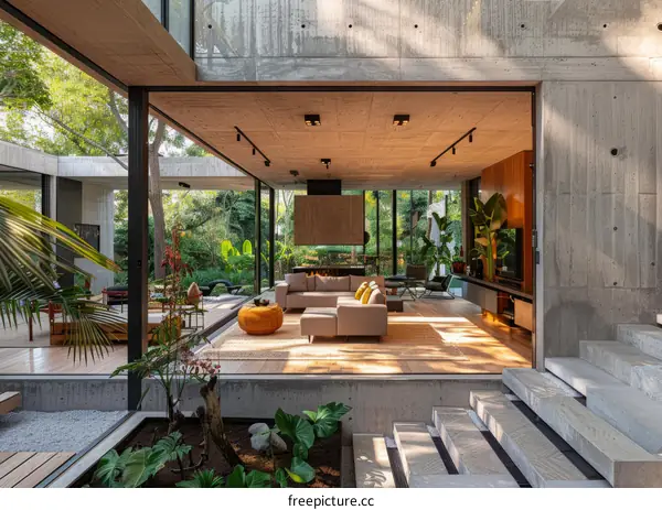 Modern House Interior with Open Living Area and Verdant Garden