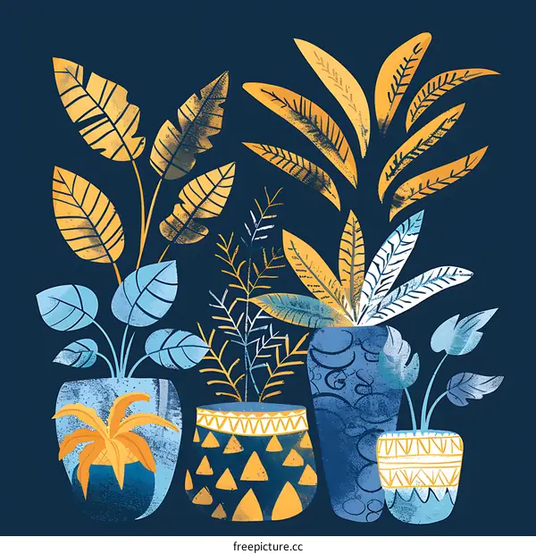 Potted Plants with Geometric Patterns and Blue Background