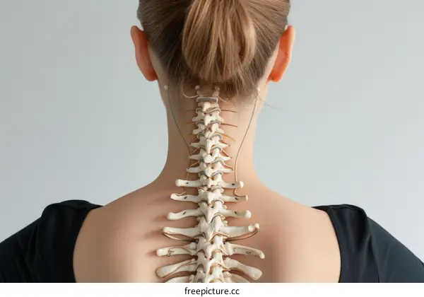3D illustration of the human spine with a woman's back in the background