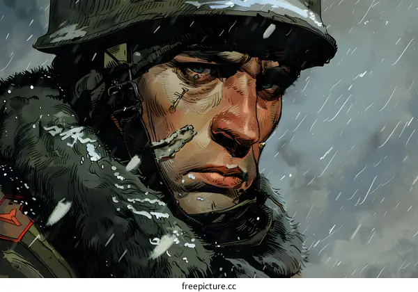 A soldier in a green helmet looks out over a snowy landscape.