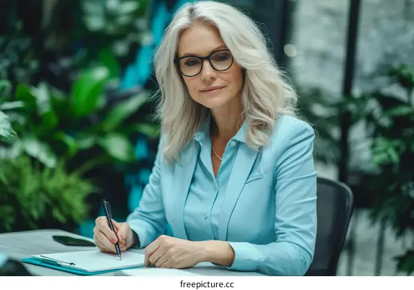 Mature Caucasian Woman Working in a Modern Office Environment