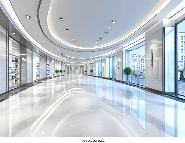 Modern Interior Design, Curved White Marble Floor Hallway with Glass Windows