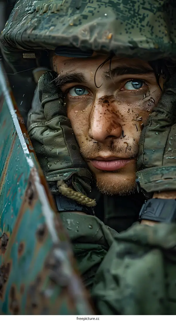 Portrait of a soldier in the rain