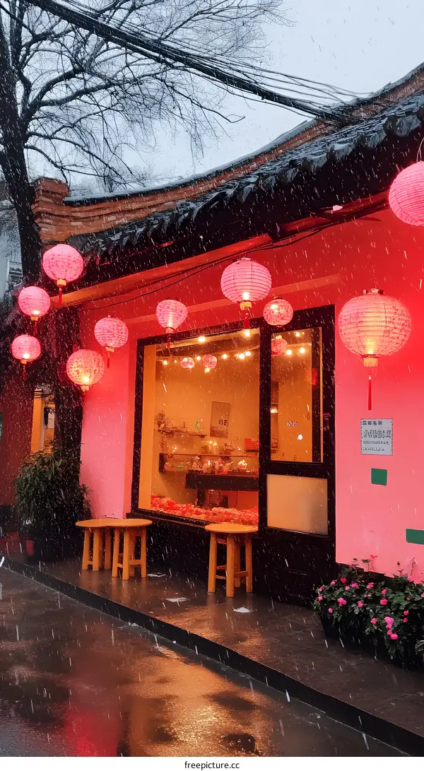 Pink Building with Red Lanterns Under Rain