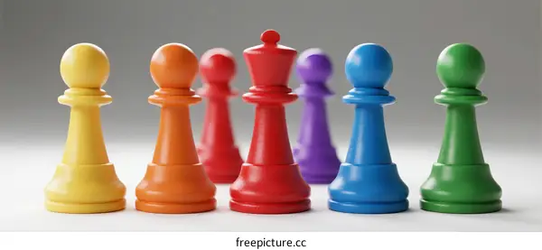 Colorful Chess Pieces Arranged in a Row on White Background