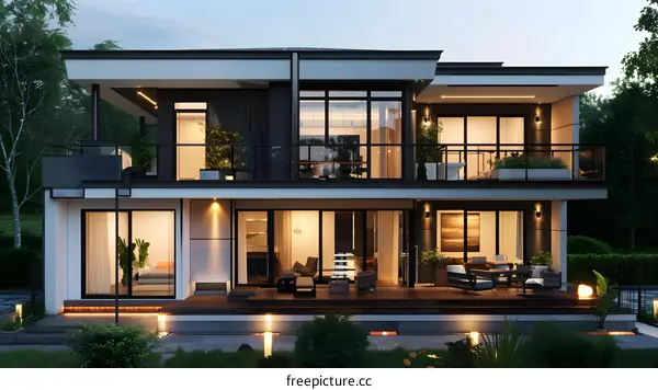 Modern house with large glass windows and a terrace with a seating area