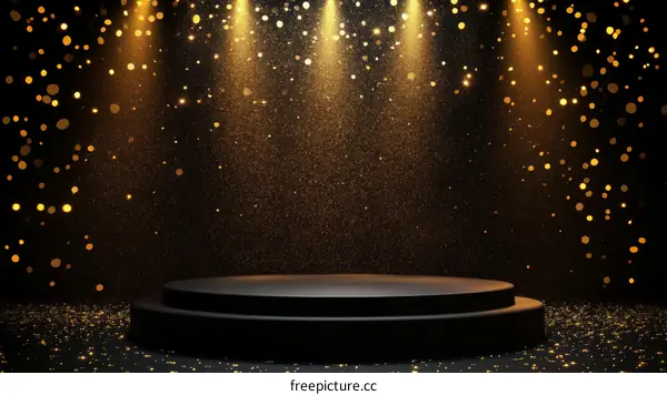Black Podium with Golden Sparkling Background