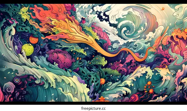 Abstract Colorful Illustration of Waves and Dragon